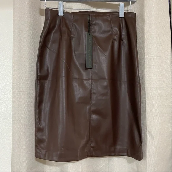 House of Harlow 1960 | Ruched Faux Leather Pencil Skirt Thigh Slit - Picture 3 of 6